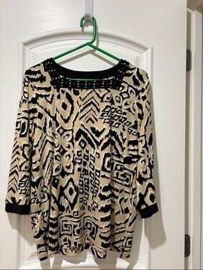 Alfred Dunner Stud-Trim Black and Cream Patterned Women's Tunic Top Sz M